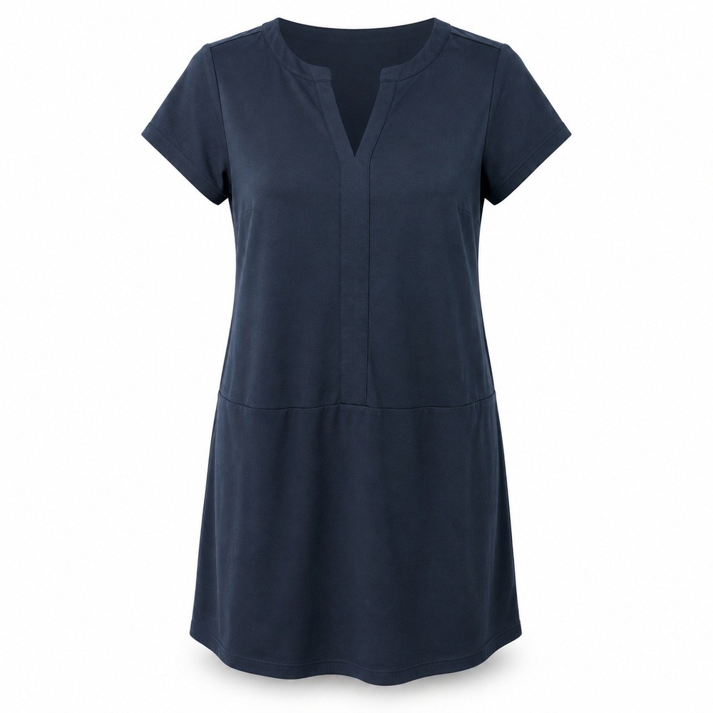 Tahari Shift Dress S Navy Blue Short Sleeve Split Neck Modal Quiet Luxury Office